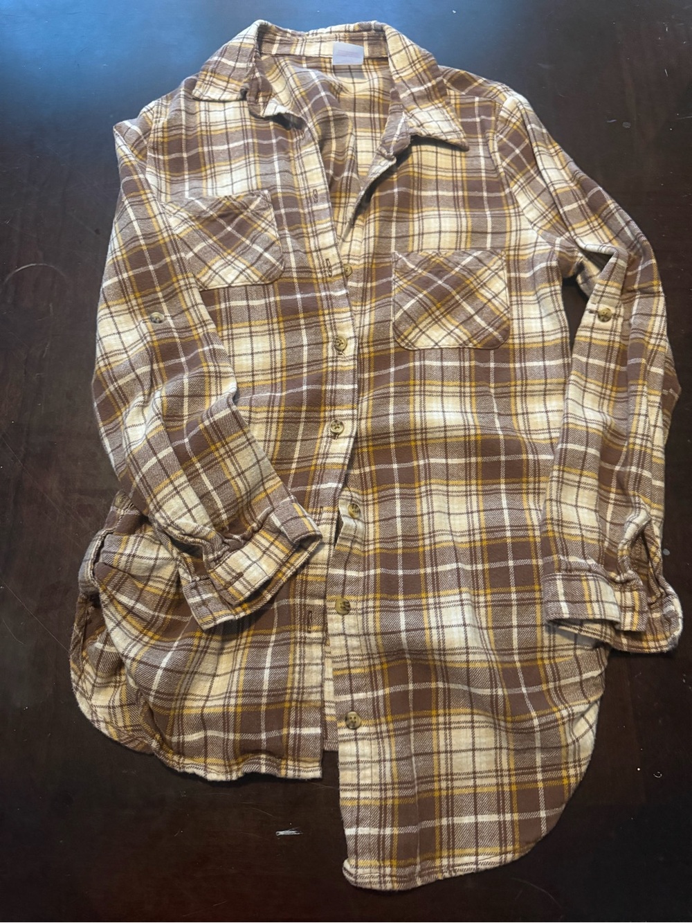 No Boundaries Brown and Cream Plaid Button-Down Shirt with Yellow Accents